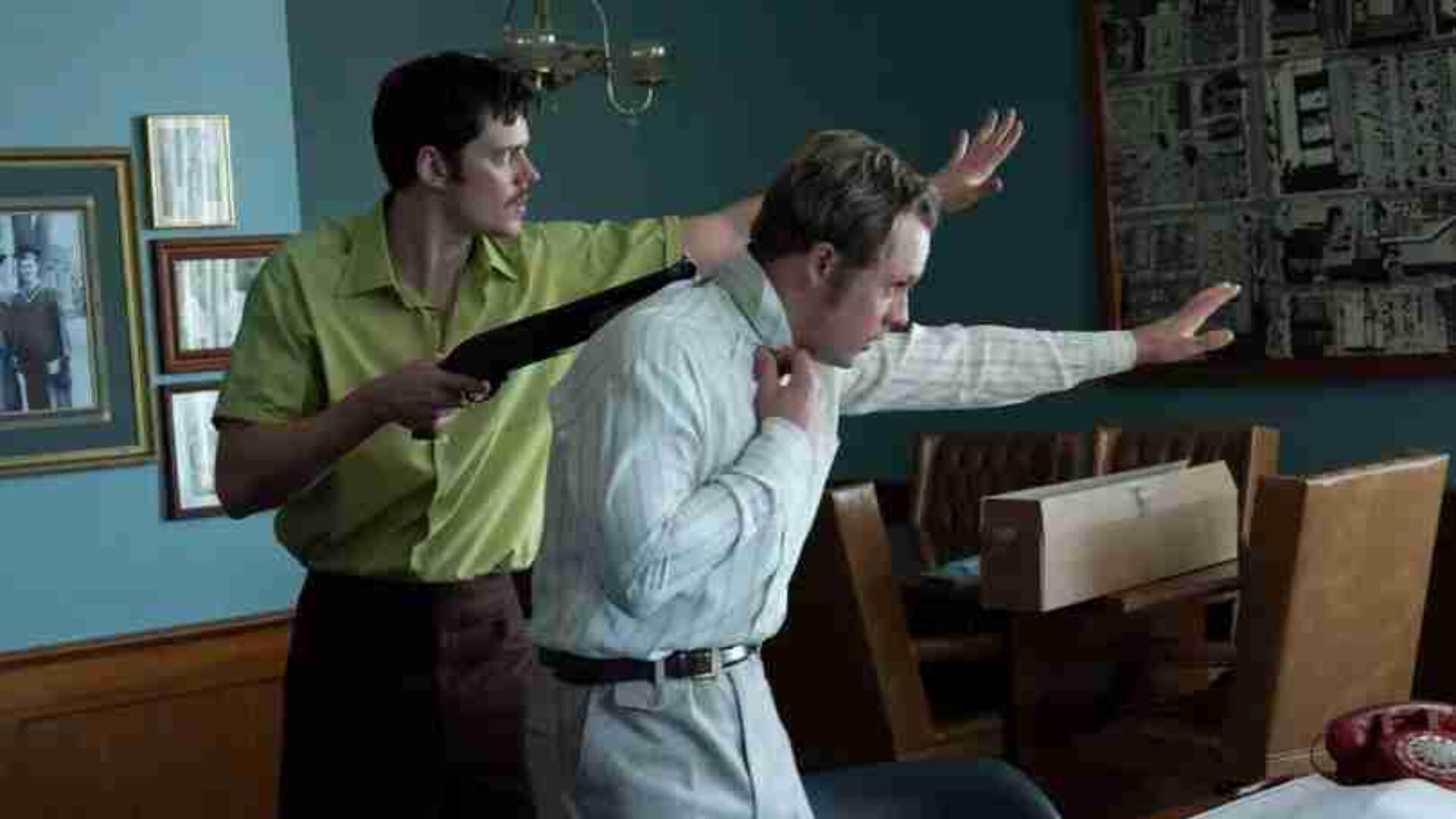 Bill Skarsgard and Dacre Montgomery in Dead Man's Wire