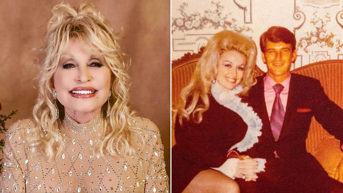 A split of Dolly Parton in 2021 and young Dolly with Carl Dean