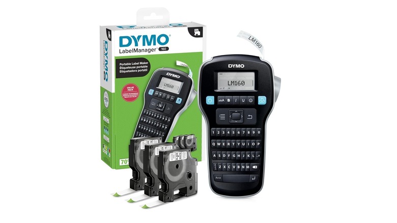 The Dymo LabelManager 160 label maker with its box and three label cassettes, on a white background.