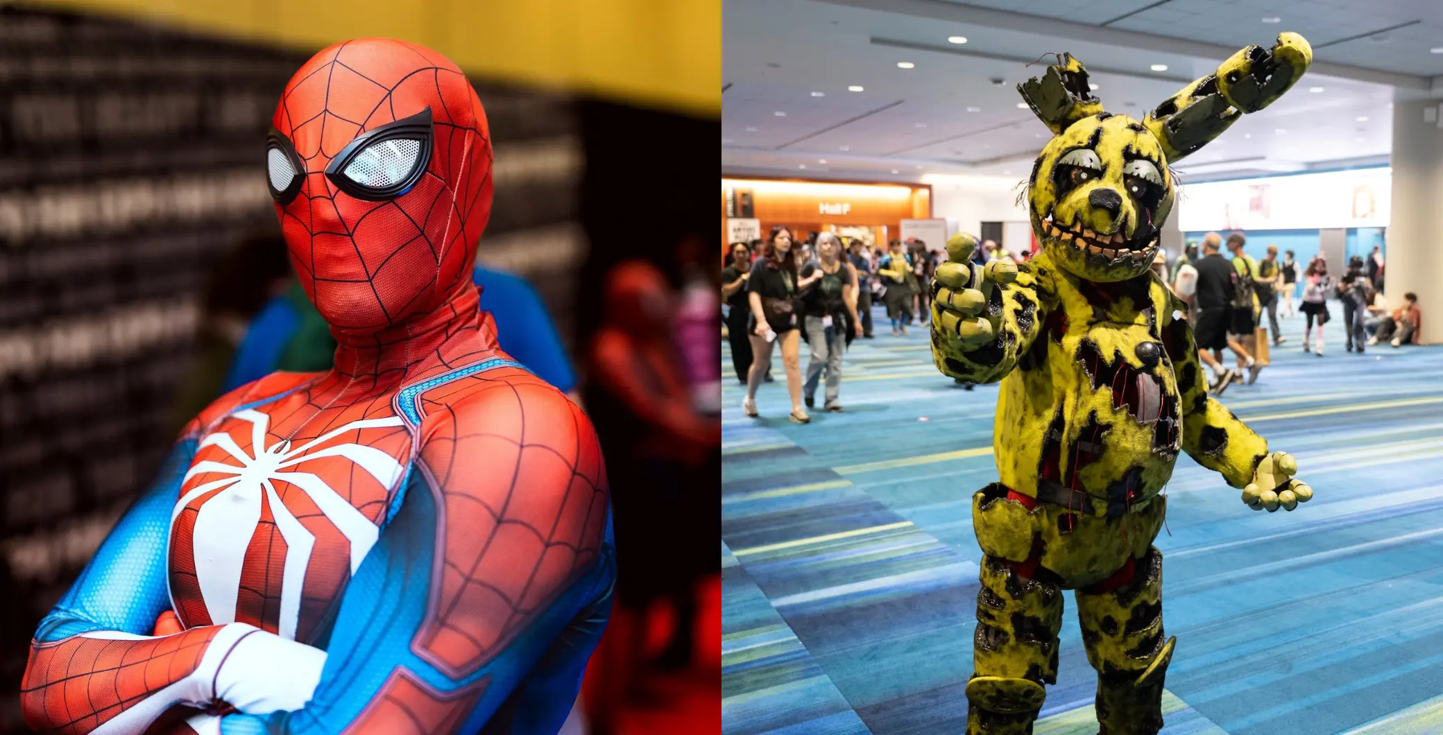 Costumed characters at a convention, featuring Spider-Man in a red and blue suit and a yellow and black mascot in a furry costume, with attendees in the background.