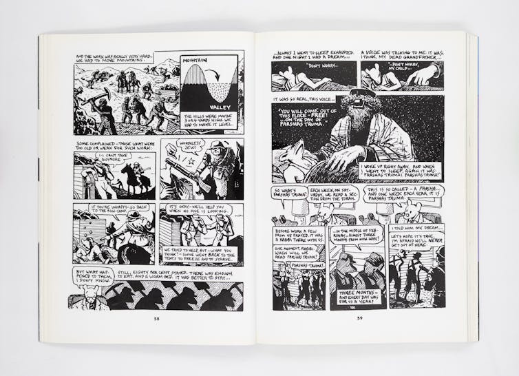 A spread of black and white comic book pages