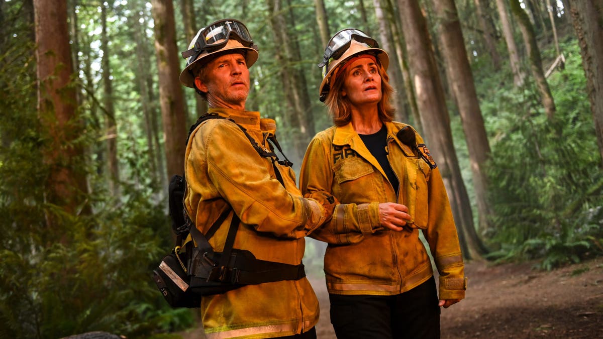 Shawn Hatosy as Brett Richards and Diane Farr as Sharon Leone stand together in a Fire Country scene.
