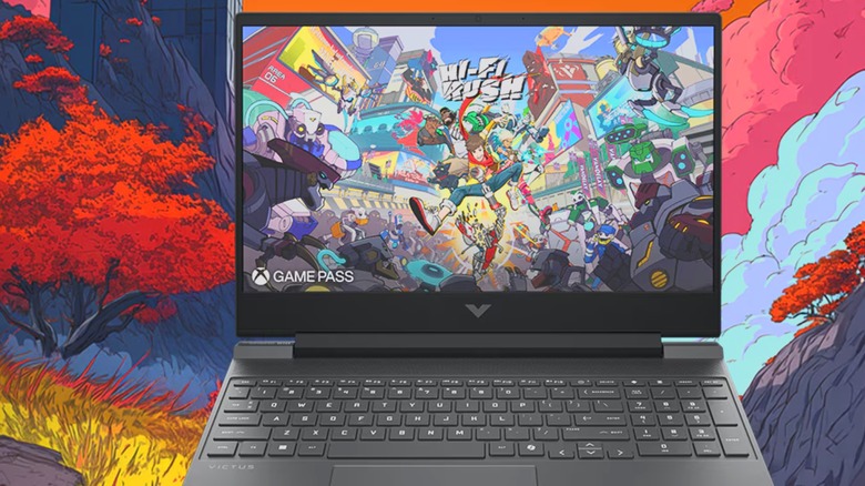 HP Victus laptop with Hi-Fi Rush on screen in front of colorful mountain illustration background