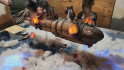 A custom game of Gaslands themed around Crimson Skies - a massive blimp burns from all four engines
