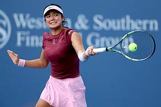 Alexandra Eala of the Philippines returns a shot to Elena-Gabriela Ruse of Romania during day 5 of the Cincinnati Open at the Lindner Family Tennis Center on August 15, 2026 in Mason, Ohio.
