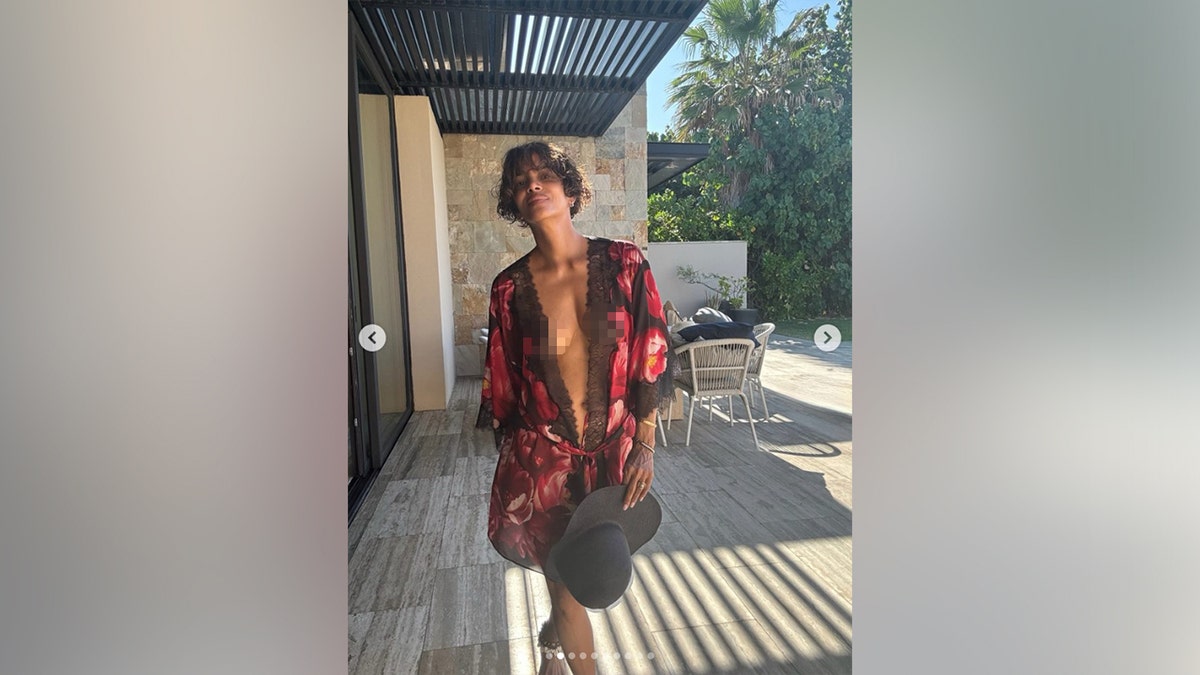 Halle Berry in a robe to celebrate her birthday