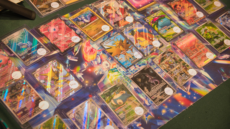 Pokemon trading cards on display.