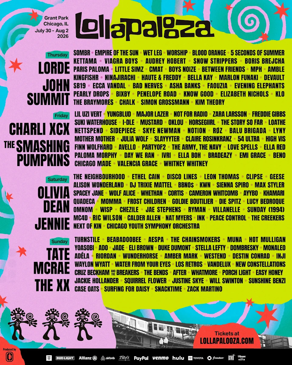 Here's a look at the lineup for Lollapalooza 2026. (Lollapalooza)