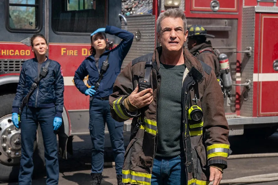 "Chicago Fire" episode "Thank You." Pictured left to right: Jocelyn Hudon as Lyla Novak, Hanako Greensmith as Violet Mikami, Dermot Mulroney as Dom Pascal.