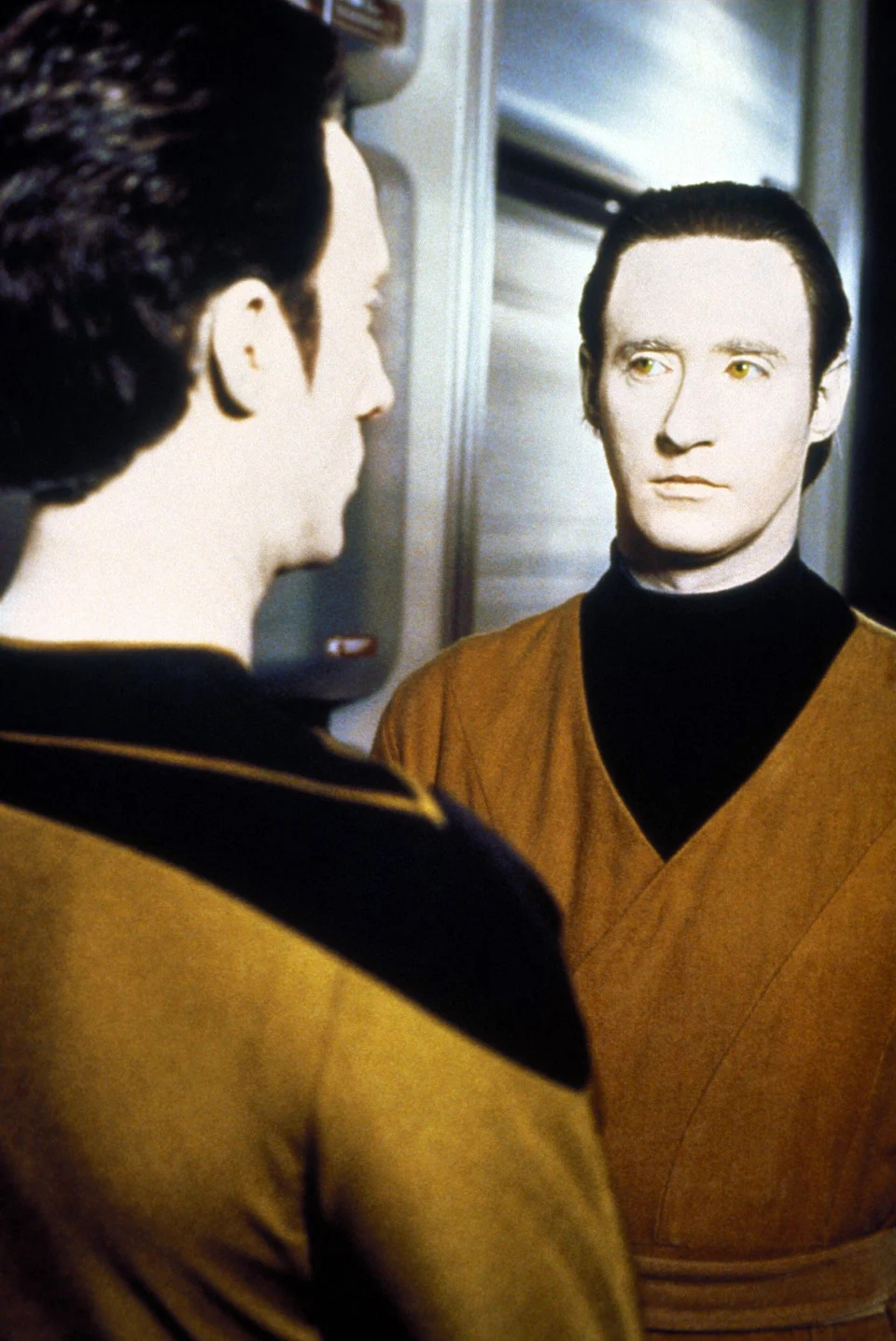 Brent Spiner in makeup as the android Data on the bridge of Star Trek The Next Generation