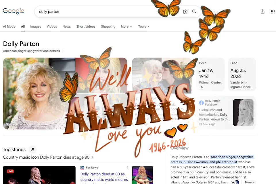 A Google screen that features Dolly Parton search results along with butterflies