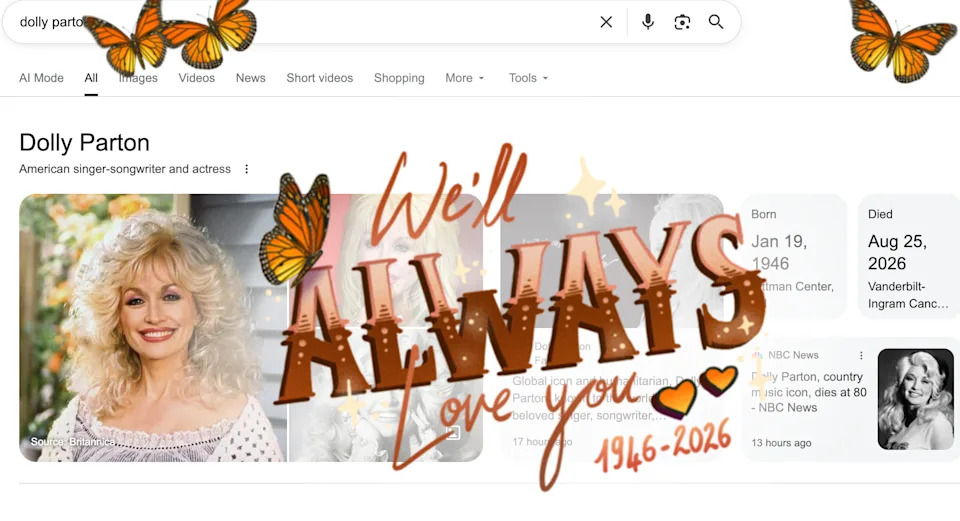 A search for Dolly Parton now surfaces a tribute overlay.