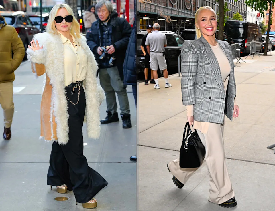 A split screen of Hayden Panettiere, on the right in a sheepskin coat with fur lining waving to the cameras in New York in 2023 and on the left in a grey blazer and baggy cream trousers in New York in 2024s