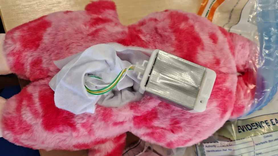 The back of a light and dark pink coloured furry toy with the battery pack exposed, showing green, white and yellow wires. It lies on a table top next to a clear plastic bag marked with the word 'Evidence'.
