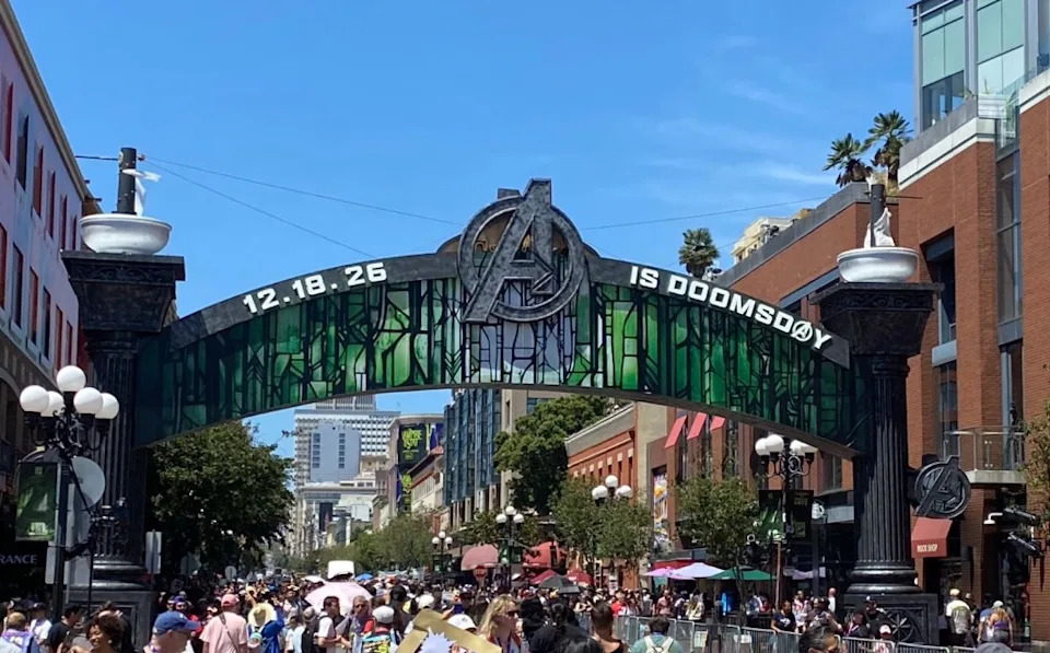 "Avengers: Doomsday" signage is seen at the Gaslamp Quarter outside Comic Con. X/@XMenFilms
