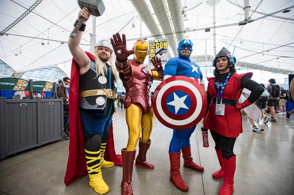 A group of Marvel cosplayers pose during Day 3 of 2026 Comic-Con International on Saturday, July 25, 2026, in San Diego, California. (Getty Images North America) Getty Images