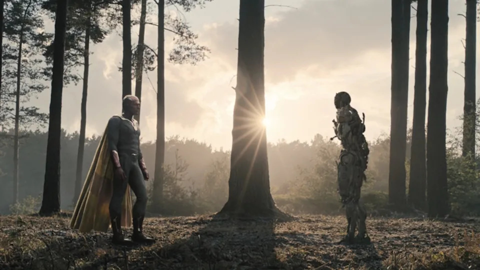 Vision (Paul Bettany) and Ultron (James Spader) talk in Avengers: Age of Ultron.