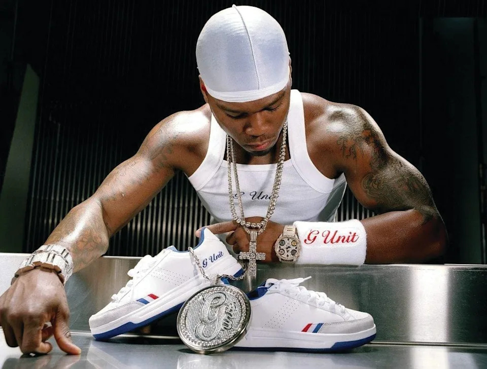 Original 2003 promotional shot of 50 Cent with the G-Unit G6 Reebok.