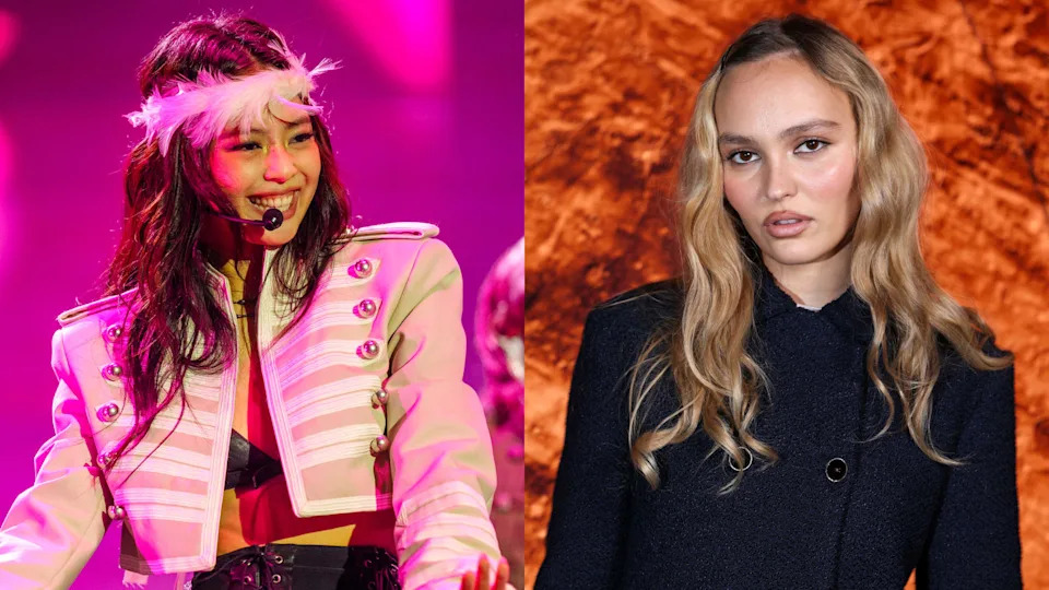 Splt image. Left: JENNIE in a vibrant outfit sings on stage. Right: Lily-Rose Depp with long wavy hair poses against an orange backdrop.