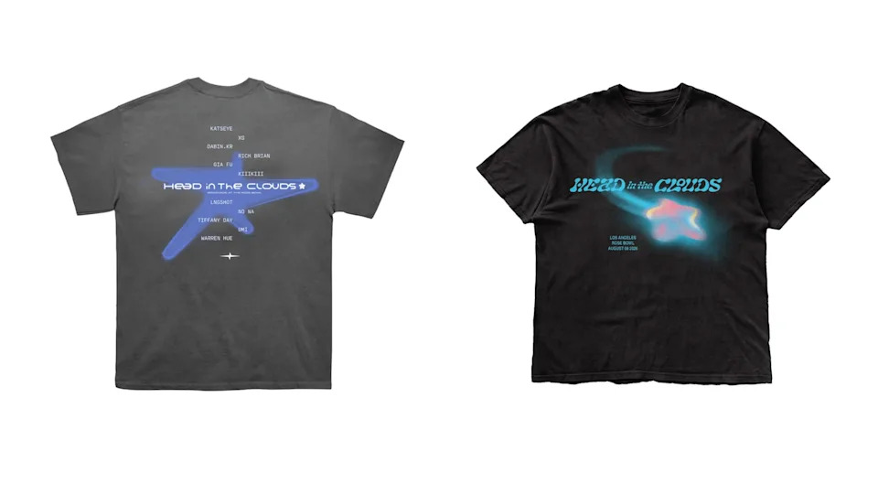 Two black T-shirts with "Head in the Clouds" design. The front has a glowing text and plane graphic; the back lists artists' names.