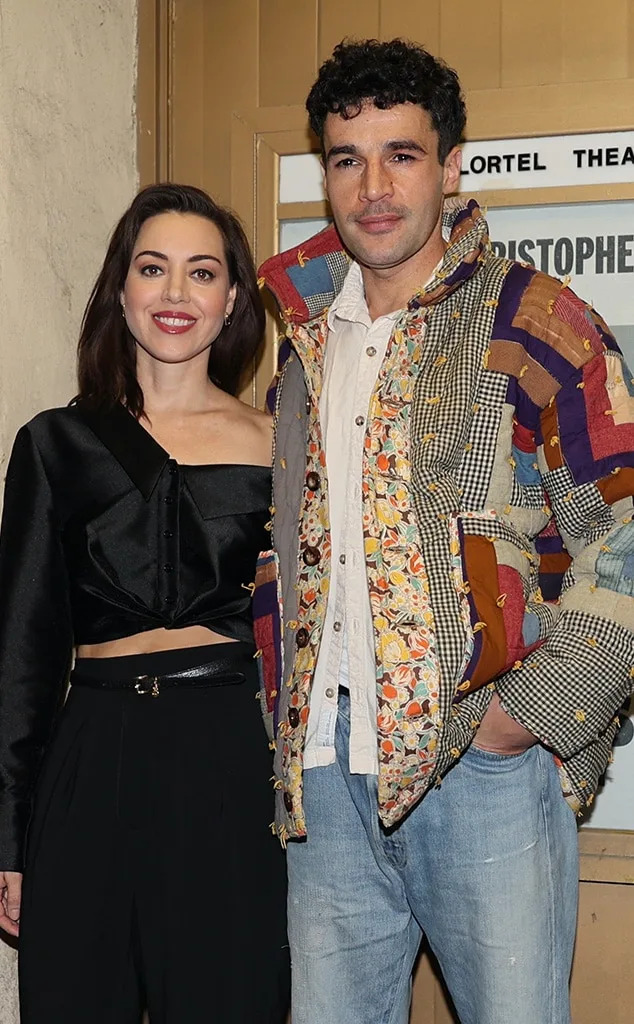 Aubrey Plaza and Christopher Abbott are seen at the "Danny and the Deep Blue Sea" show at the Lucille Lortel Theater on November 13, 2023 in New York City.
