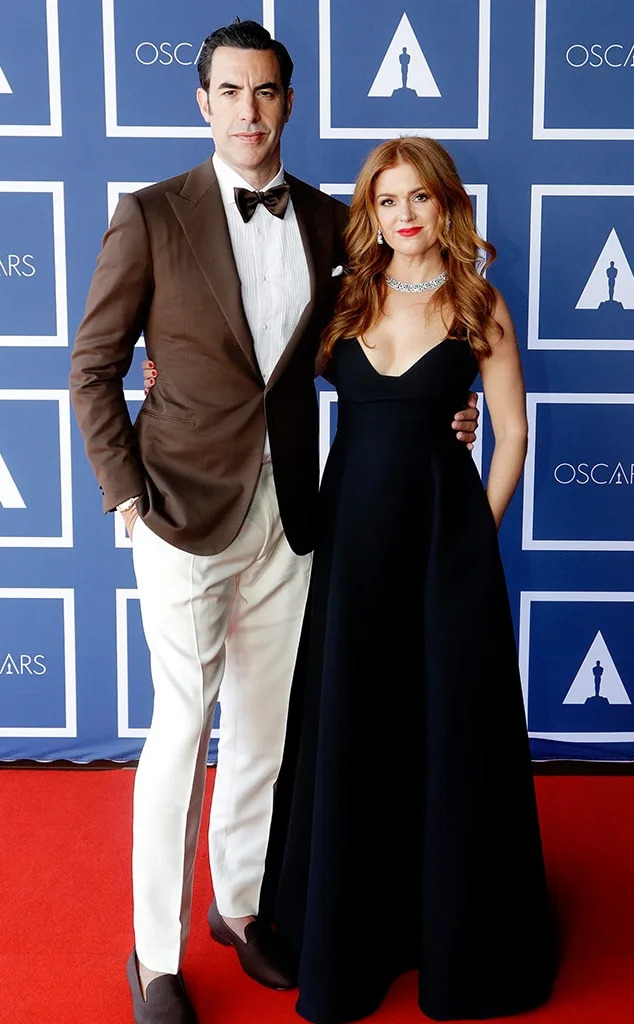 Sacha Baron Cohen (L) and Isla Fisher attend a screening of the Oscars on Monday, April 26, 2021 in Sydney, Australia.