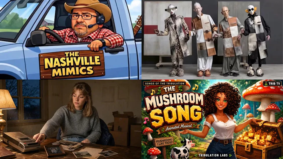 Four thumbnails for Fairground's AI-generated TV shows