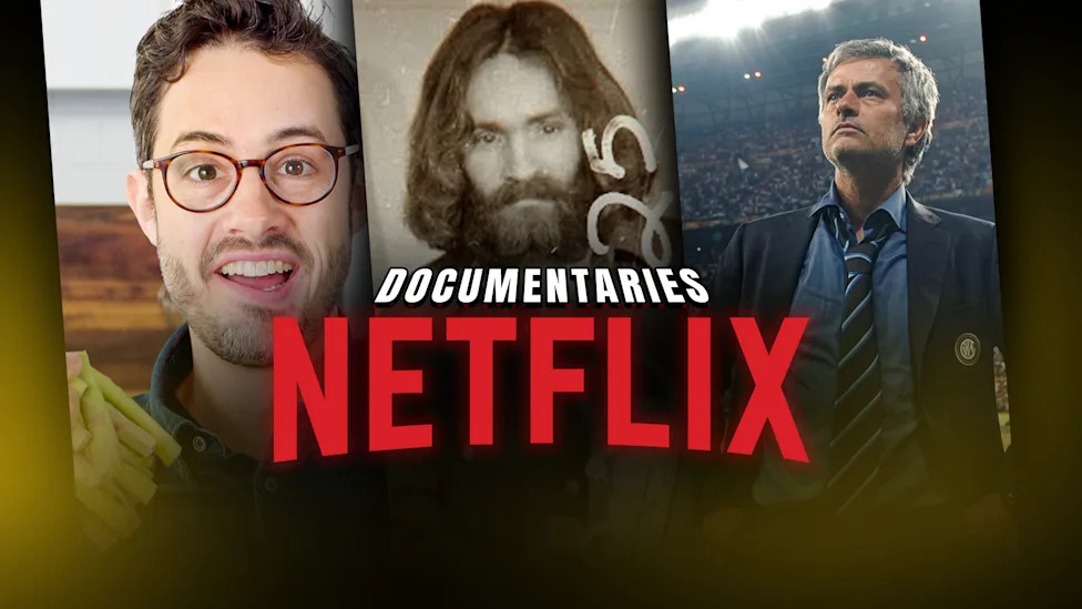 Netflix documentaries collage featuring What's Eating Dan, Conversations with a Killer The Charles Manson Tapes and Mourinho.