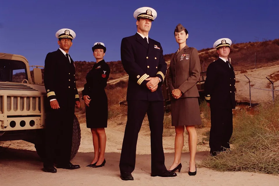 Scott Lawrence, Zoe McClellan, David James Elliott, Catherine Bell and Patrick Labyorteaux on 'JAG'Credit: Monty Brinton/CBS Photo Archive via Getty