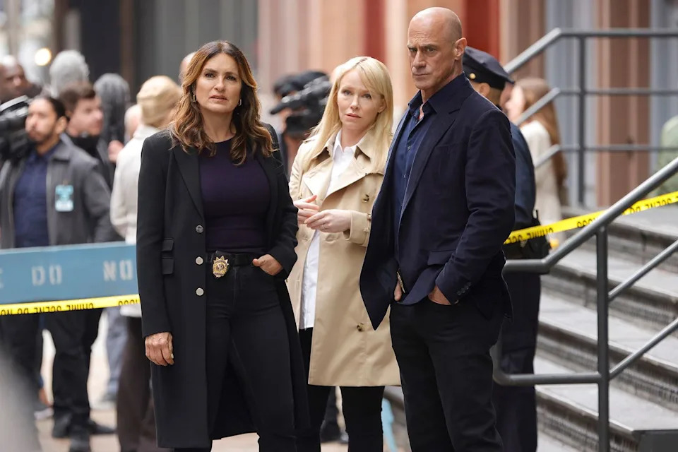 Mariska Hargitay as Captain Olivia Benson, Kelli Giddish as Detective Amanda Rollins, Christopher Meloni as Detective Elliot Stabler in 'Law & Order: Organized Crime'Credit: Will Hart/NBC/Getty