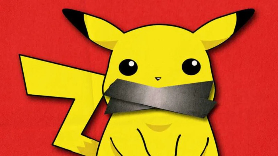 An illustration of Pikachu with his mouth taped over