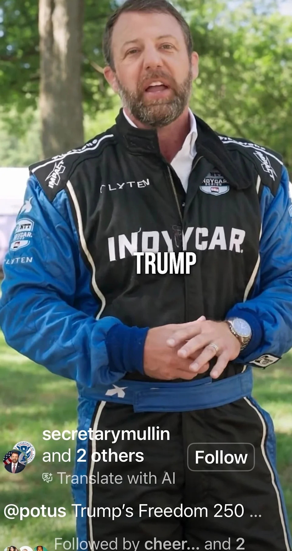 DHS Secretary Markwayne Mullin was accused of cosplaying as a racing driver. / instagram