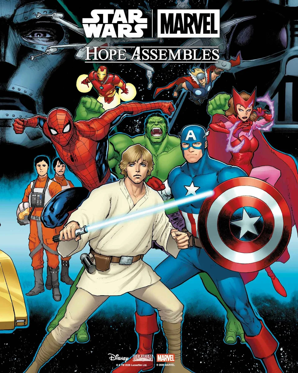 Photograph: courtesy Lucasfilm Publishing/Marvel Comics |Star Wars/Marvel: Hope Assembles with Luke Skywalker, Captain America, Spider-Man, Scarlett Witch, Iron Man, The Hulk and some Rebel pilots