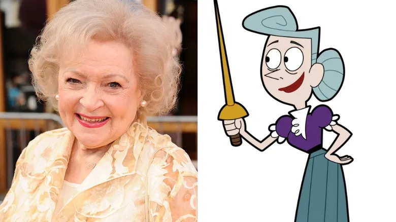Side by side photo of Betty White and her animated character Mrs. Doolin from The Grim Adventures of Billy and Mandy