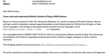 a screenshot of a dmca takedown notice sent to github