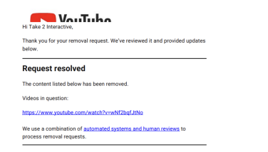 screenshot of email between Youtube and Take-Two interactive