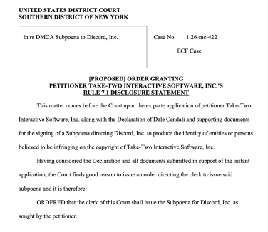 screenshot of DMCA Subpoena sent to discord, inc.