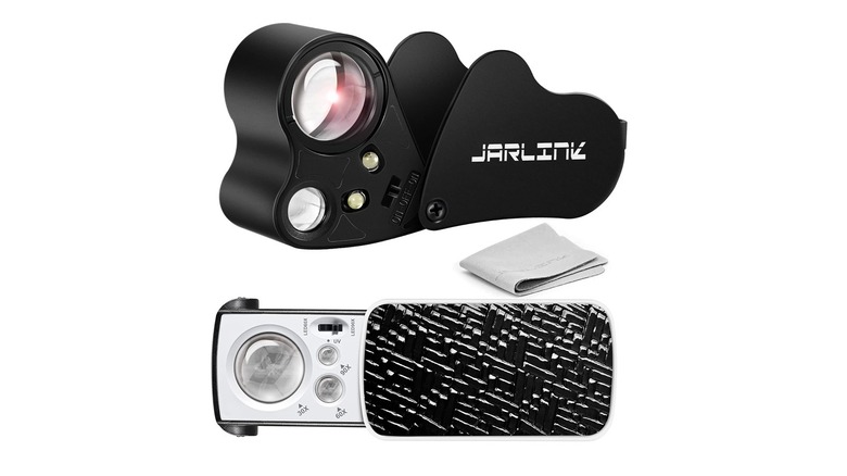 The Jarlink jeweler's loupe and foldable magnifier with a cleaning cloth, on a white background.