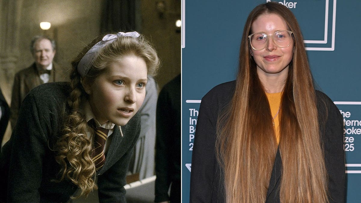 A split image of Jessie Cave in Harry Potter and on the red carpet.