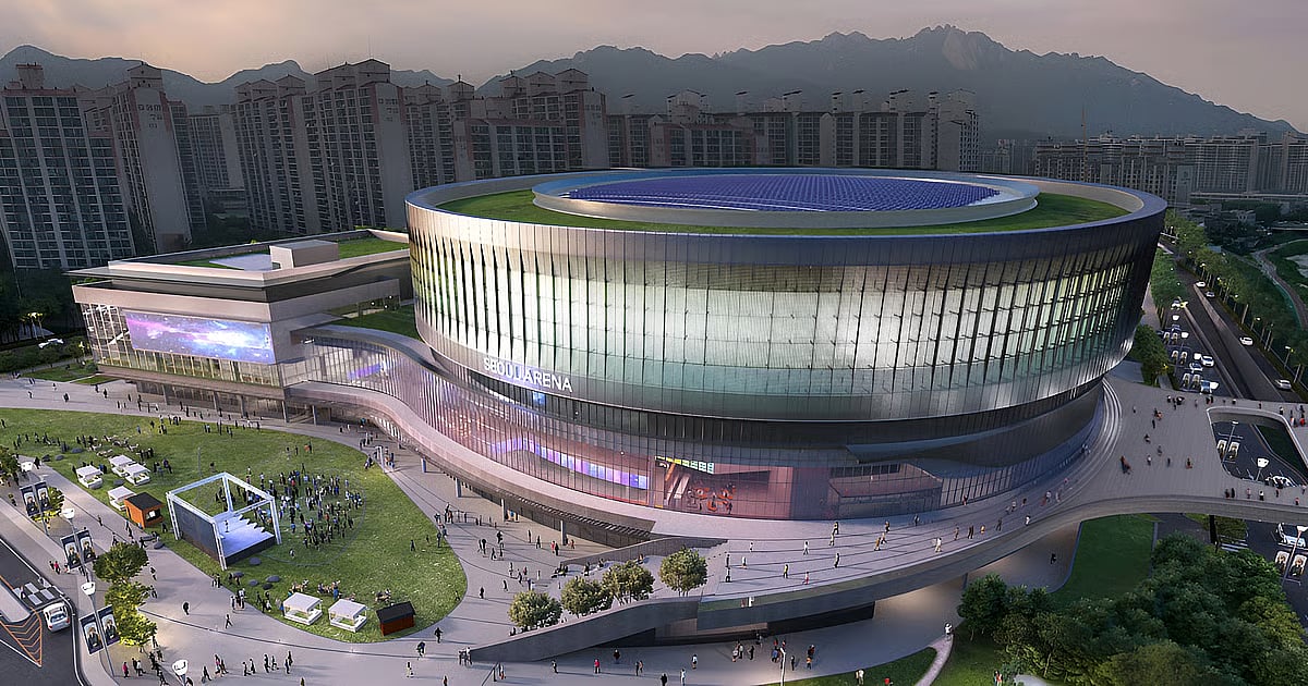 A rendering of the upcoming Seoul Arena (2027) in Chang-dong, Seoul's new 24/7 K-pop district, which will have immersive live entertainment zones.
