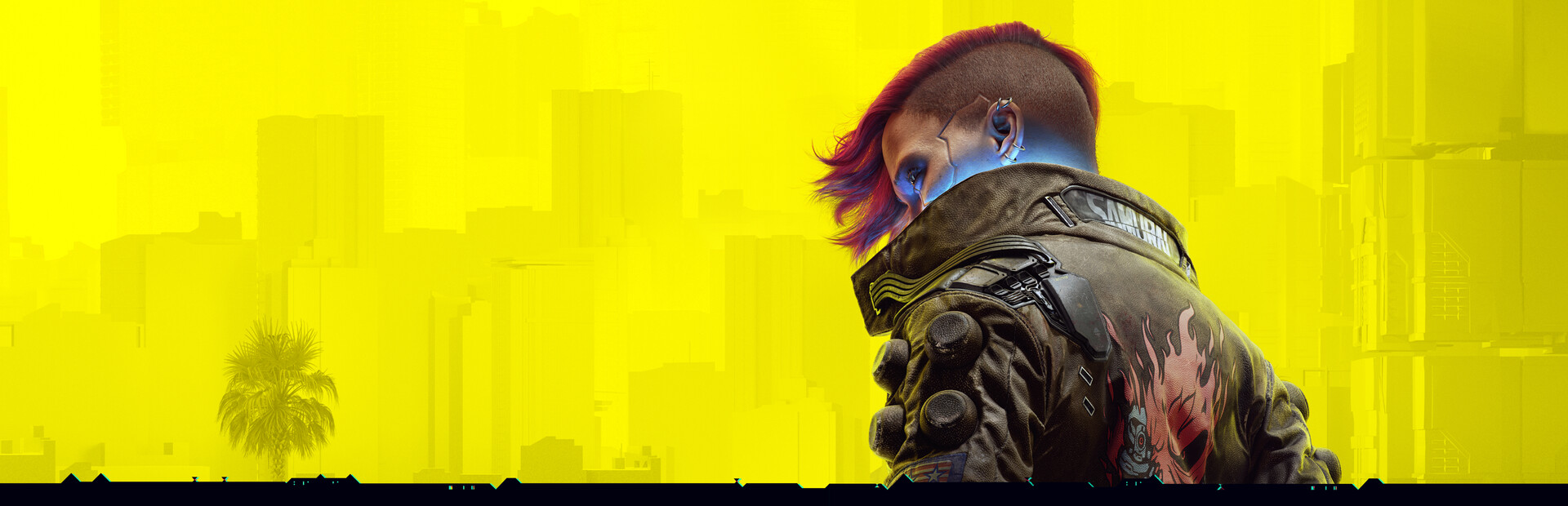 Key art for Cyberpunk 2077 showing the character V against a yellow Night City skyline
