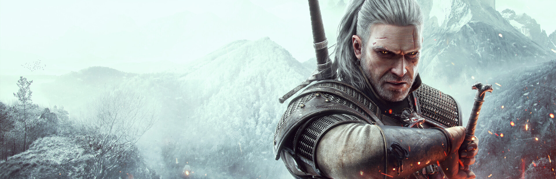 Key art for The Witcher 3: Wild Hunt showing Geralt drawing a sword against a snowy mountain backdrop