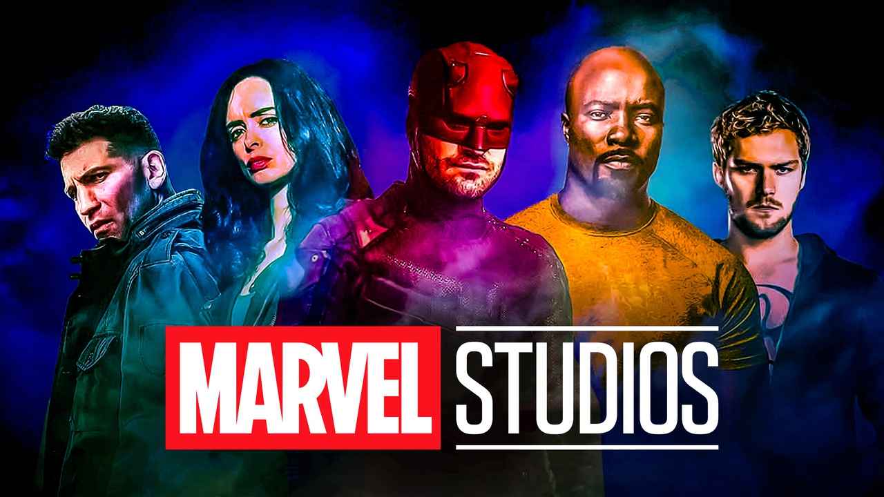 The Punisher, Jessica Jones, Daredevil, Luke Cage and Iron Fist with Marvel Studios logo.