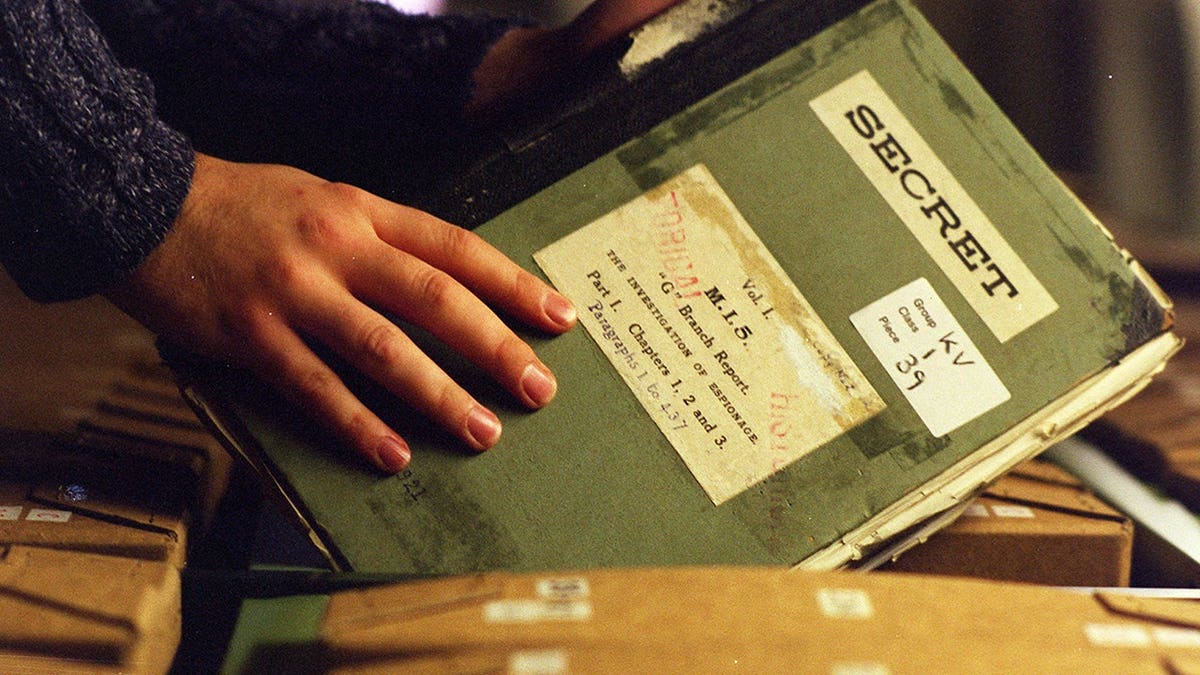 Secret MI5 files displayed at the Public Records Office in Kew, London.