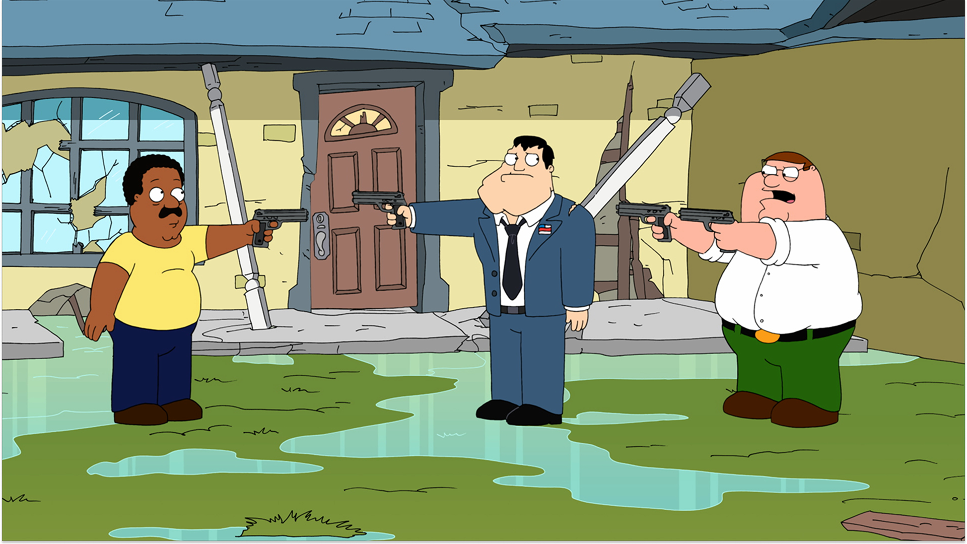 Characters shown (left to right) Cleveland Brown, Stan Smith, and Peter Griffin. In this scene, the characters are experiencing a major storm and are pointing guns at each other in a standoff