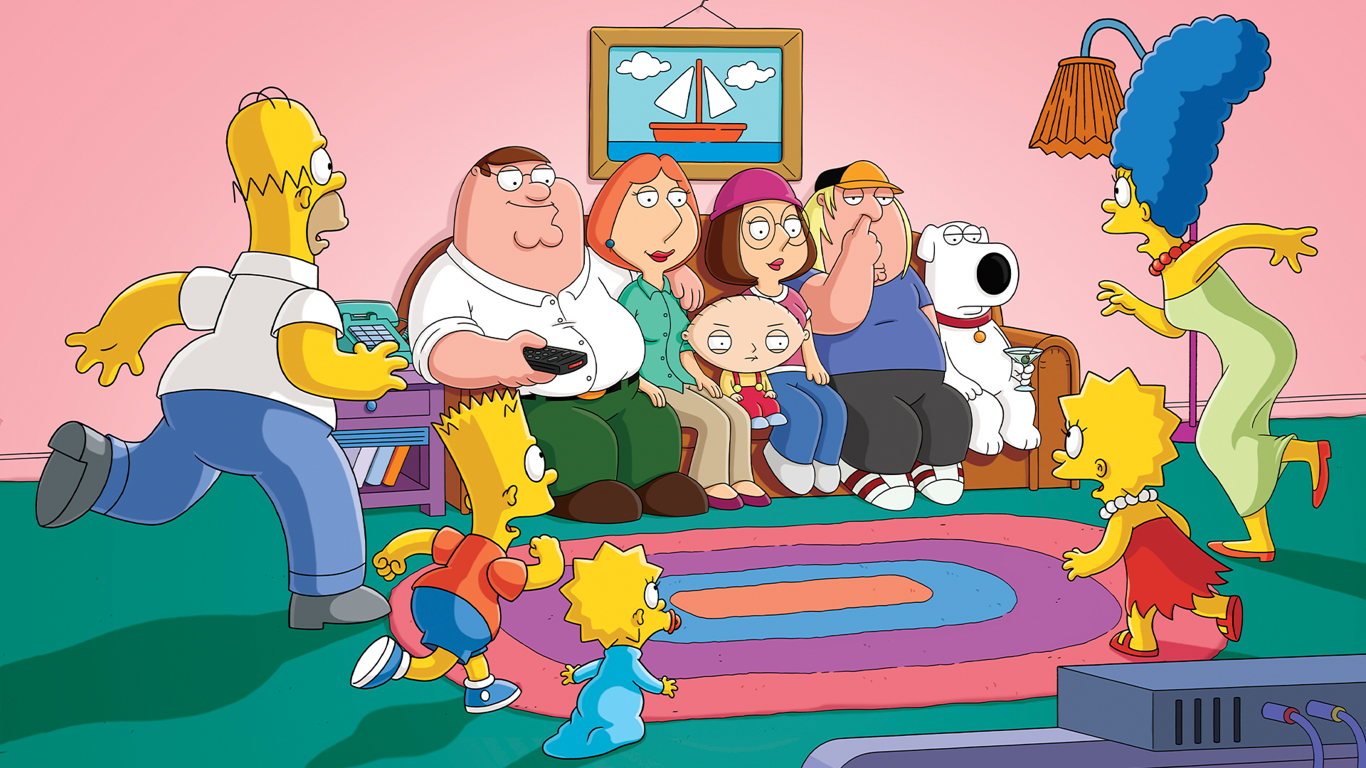 The Griffin family is sitting on The Simpsons couch as the Simpson family run towards them