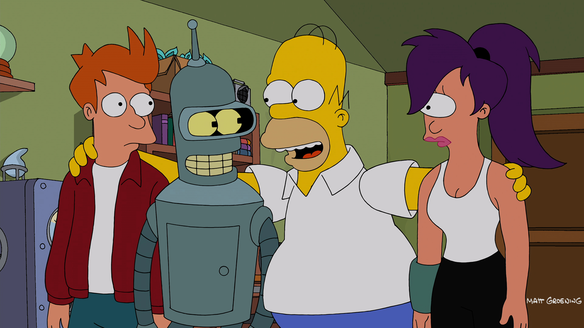 Homer Simpsons with his arms around Fry, Bender, and Leela