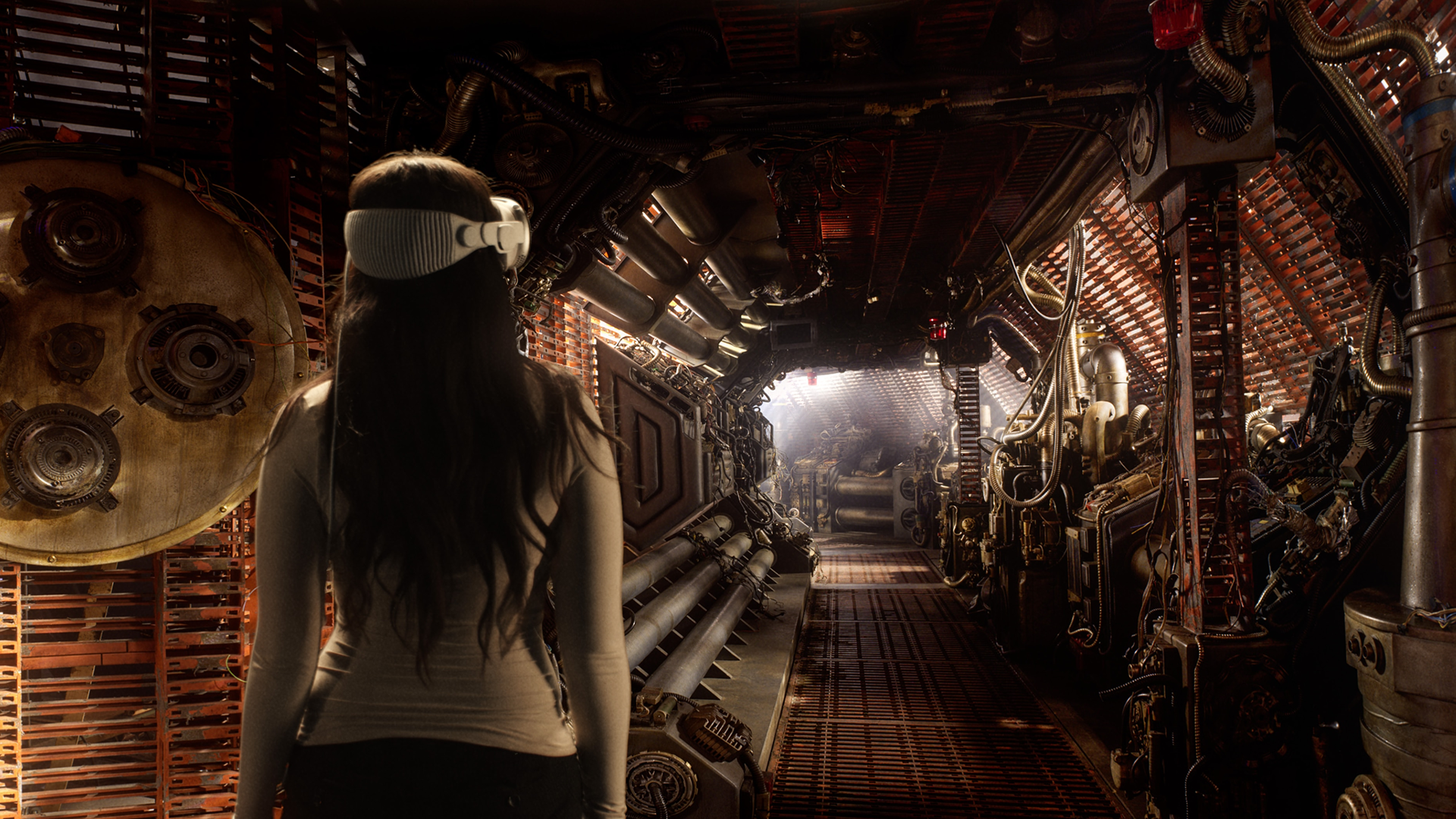 A person wearing an Apple Vision Pro in an Alien: Earth inspired environment.