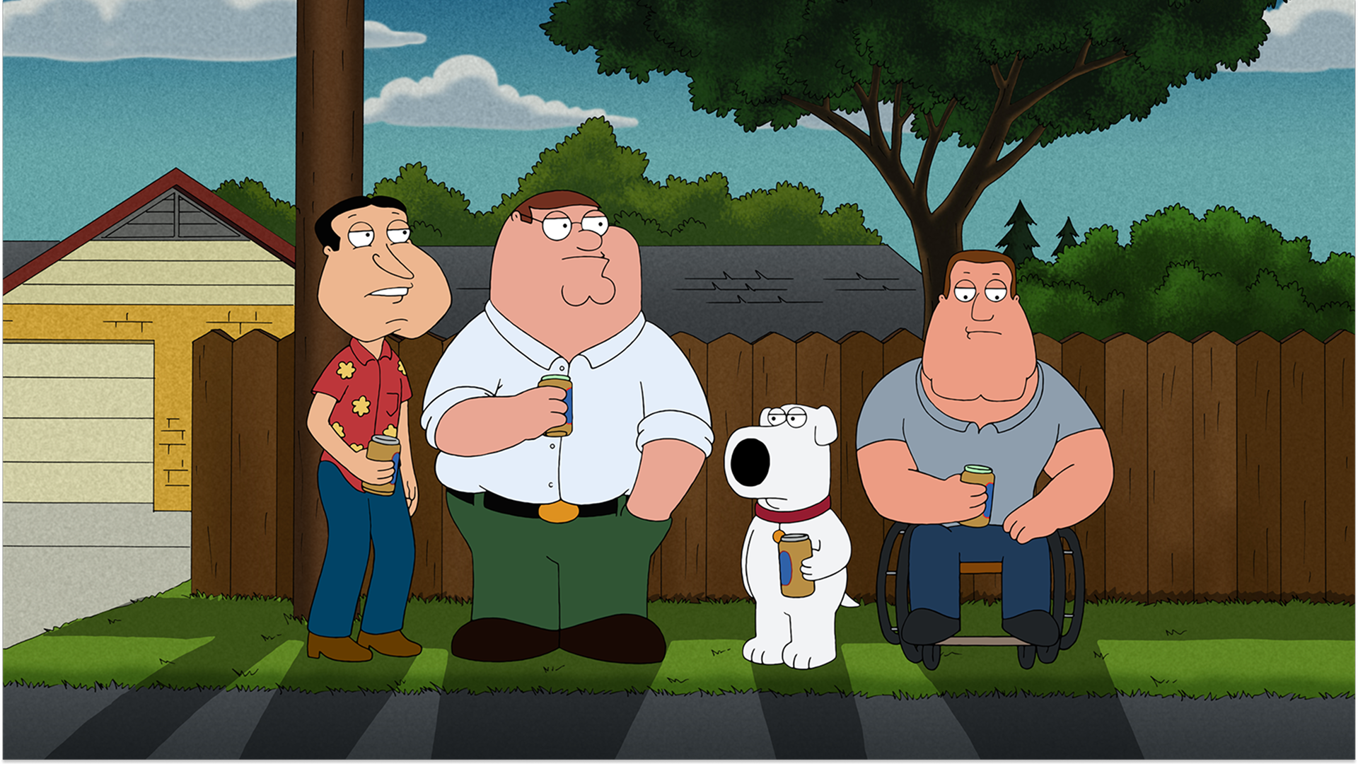 Glenn Quagmire, Peter Griffin, Brian Griffin, and Joe Swanson in the King of the Hill neighborhood