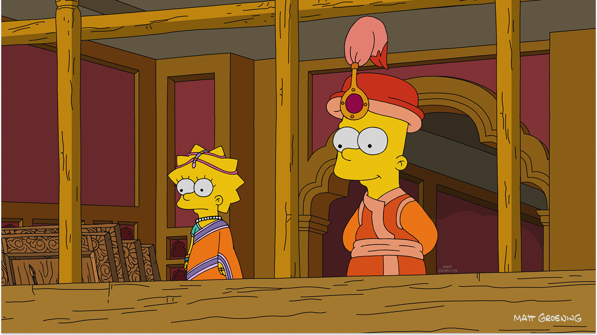 Bart and Lisa Simpson dressed in traditional Indian attire for a Sunday school story